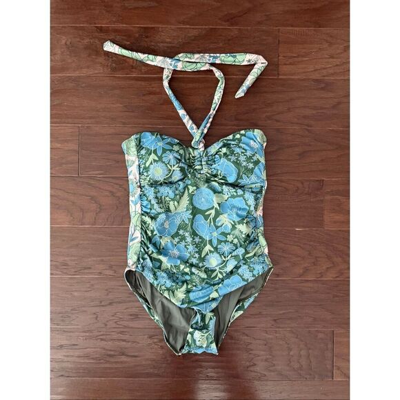 NEW Kitty & Vibe Halter One Piece Swimsuit Blue Green Floral Large - Picture 1 of 8